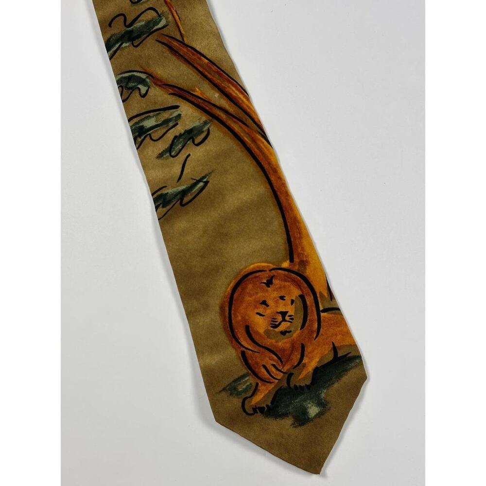 Vintage WWF 100% Silk Lion Tie Safari Africa Panda Logo Design 139